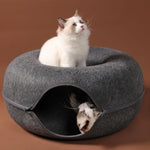 Four Seasons Cat Felt Tunnel Bed – Dual-Use Round Woolen Felt Cat Nest, Interactive Tunnel Toy, Removable Washable Grey Cat Cave Bed