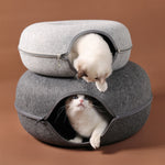 Four Seasons Cat Felt Tunnel Bed – Dual-Use Round Woolen Felt Cat Nest, Interactive Tunnel Toy, Removable Washable Grey Cat Cave Bed